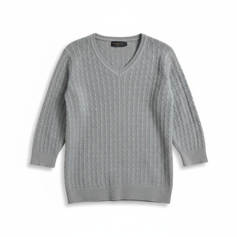 Karen Scott Grey Cable Knit V-Neck Sweater 3/4 Sleeve Cotton Size M